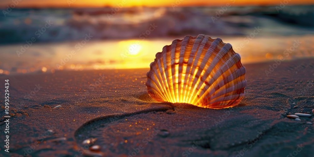 Poster a shell lying on a sandy beach as the sun sets in the background