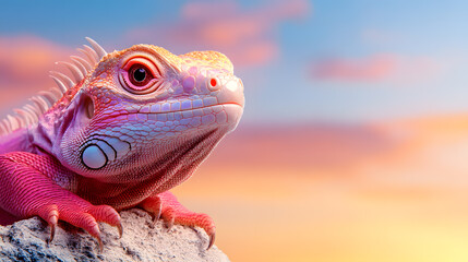 Fototapeta premium Vibrant Lizard Basking Under a Colorful Sunset Against an Eco-Friendly Backdrop