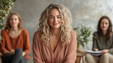 A radiant woman with bright blonde hair smiles in a cozy setting, her friends in soft focus around her, symbolizing warmth and connection in social moments.
