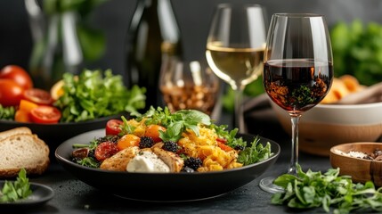 A colorful salad adorned with fresh greens, ripe tomatoes, blackberries, and a dollop of cheese, accompanied by two wine glasses on an elegant dining table.