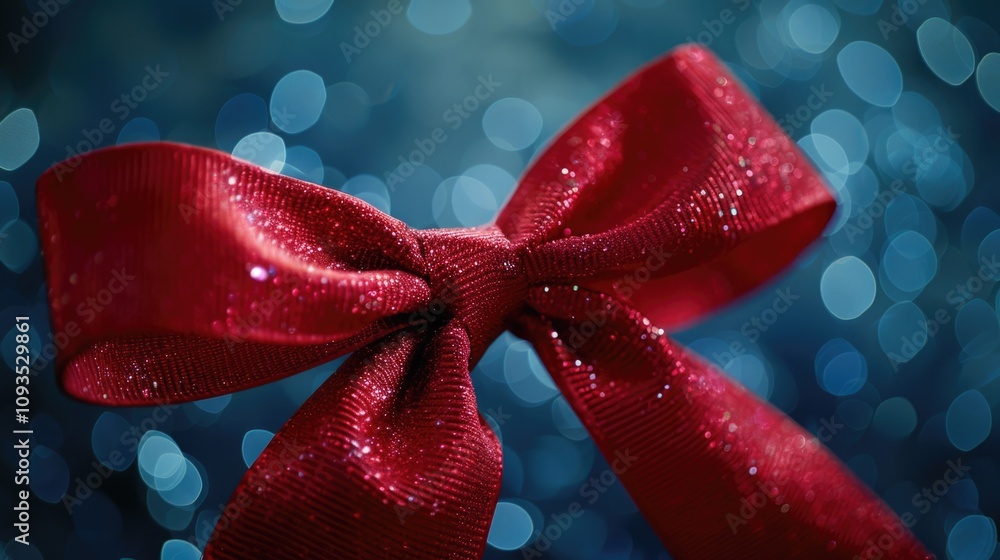 Aufkleber a bright red bow covered in glitter sits against a calming blue background, perfect for adding a pop