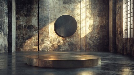Grunge interior with golden podium and circular frame.