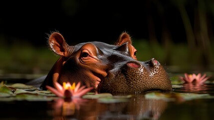Fototapeta premium A hippopotamus peacefully rests in water, surrounded by blooming lilies, embodying calmness and tranquility with an idyllic natural backdrop of gentle beauty.