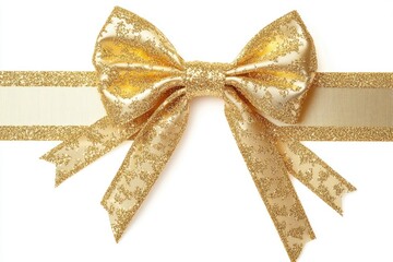 A golden bow tied to a ribbon against a white background, perfect for wrapping gifts or adding a touch of elegance to any occasion