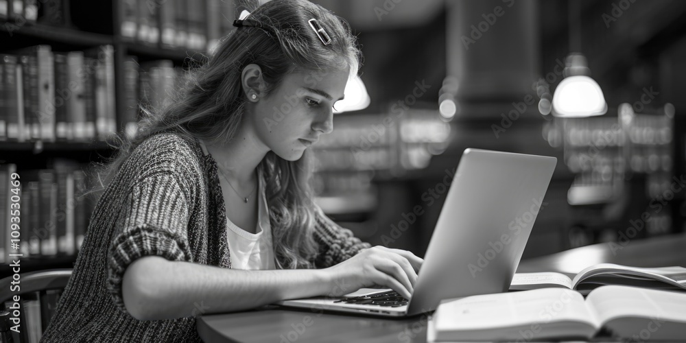 Poster student working on laptop in quiet library setting