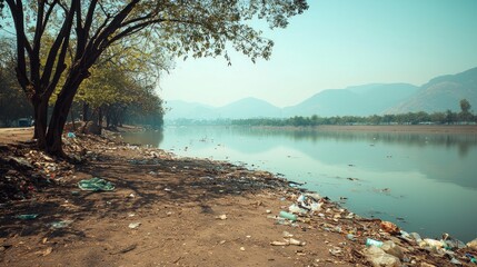 Environmental Conservation: Pollution Spoiling Serene Lakeside View - Urgent Call for Action