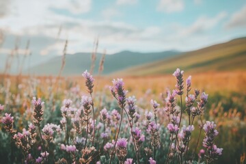 Naklejka premium A field of purple flowers against a backdrop of majestic mountains