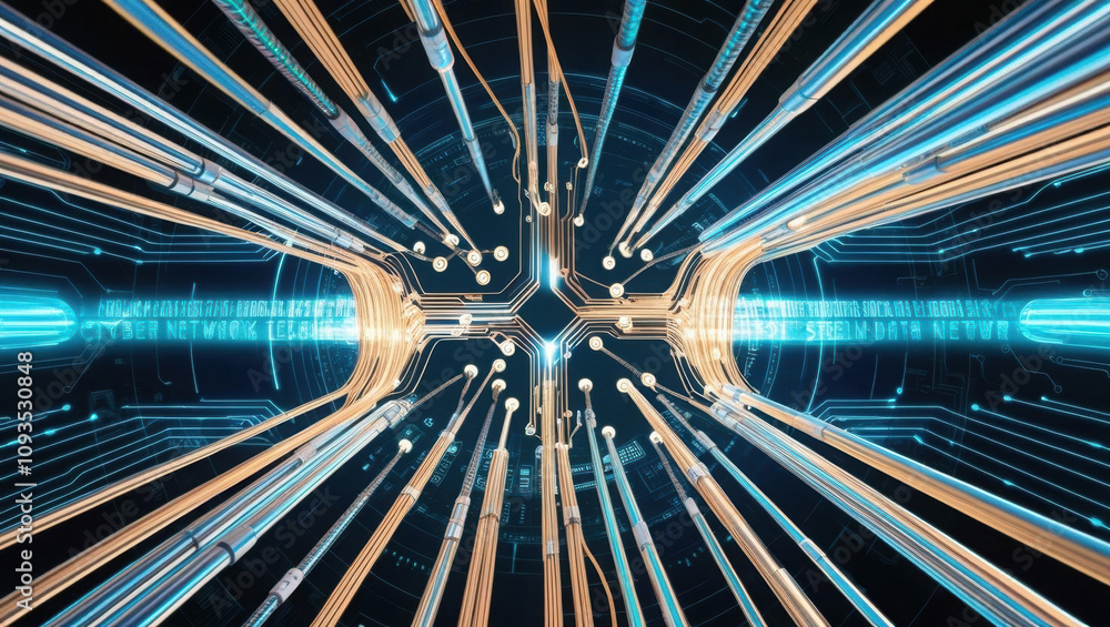 Aufkleber illuminated fiber connections create holographic data stream in cyber network design, showcasing cut