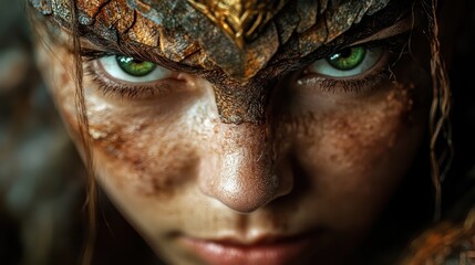 A powerful warrior-themed image focused on piercing green eyes, conveying strength, determination, and resilience with an artistic and mythical style.