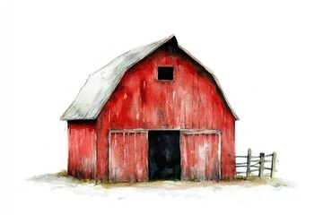 Watercolor painting of a rustic red barn with greenery and sky in the background