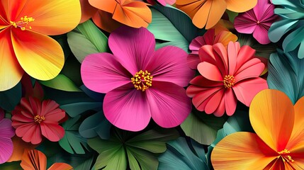Vivid Colorful Flowers and Tropical Leaves Artistic Design