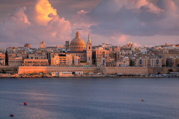Valletta, Malta. Cityscape image of historical old town of Valletta, Malta at dramatic autumn sunset.