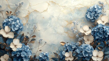 A serene floral design featuring blue and white flowers against a textured background.