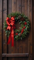 A wreath with red ribbon and pine cones on a wooden door