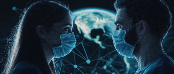 Couple in masks facing each other, global network behind.
