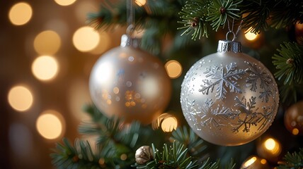 Christmas tree decorations in the form of glass balls hanging from the leaves
