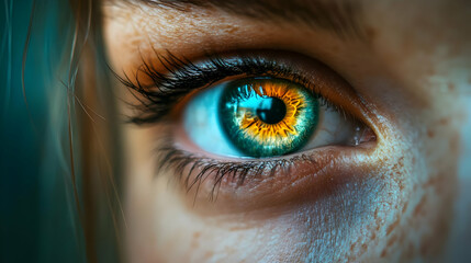 Fototapeta premium Close-Up of a Human Eye with Blue and Yellow Iris