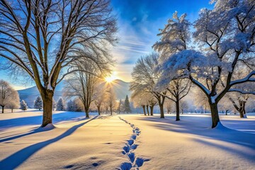 Serene Winter Wonderland: A Snow-Covered Park with Majestic Trees, Soft Footprints, and Distant Snow-Capped Hills Under a Clear Blue Sky Captured in High Depth of Field