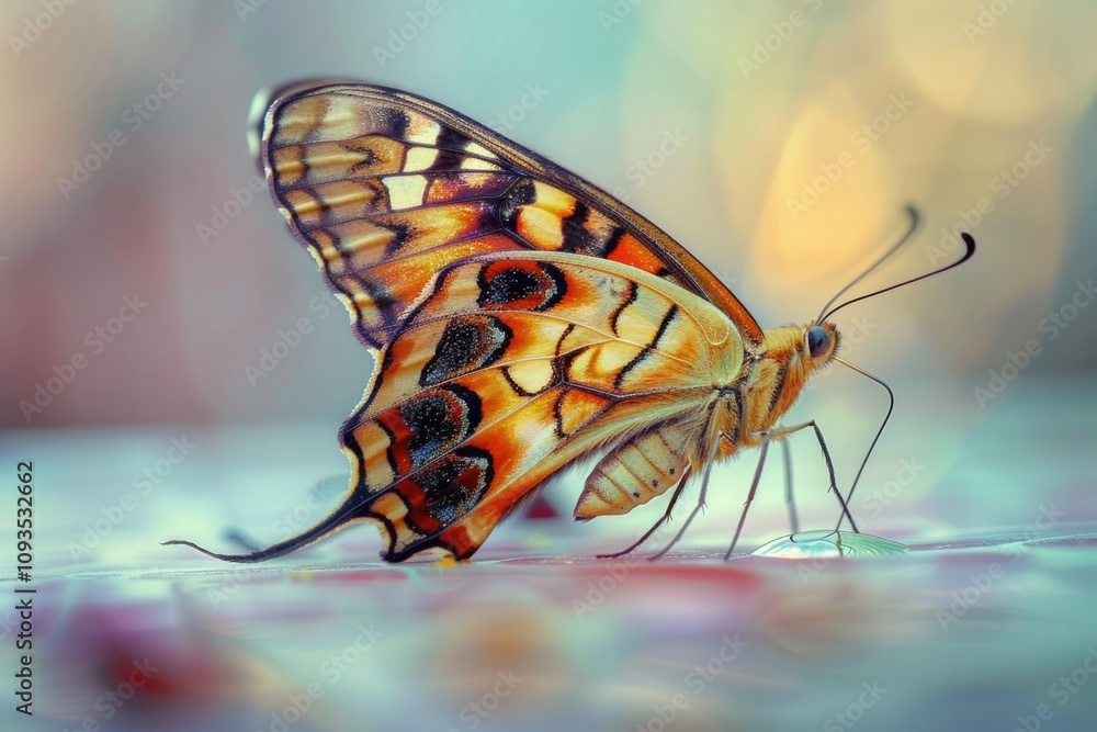 Poster a close-up view of a butterfly perched on a table, with intricate details and vibrant colors