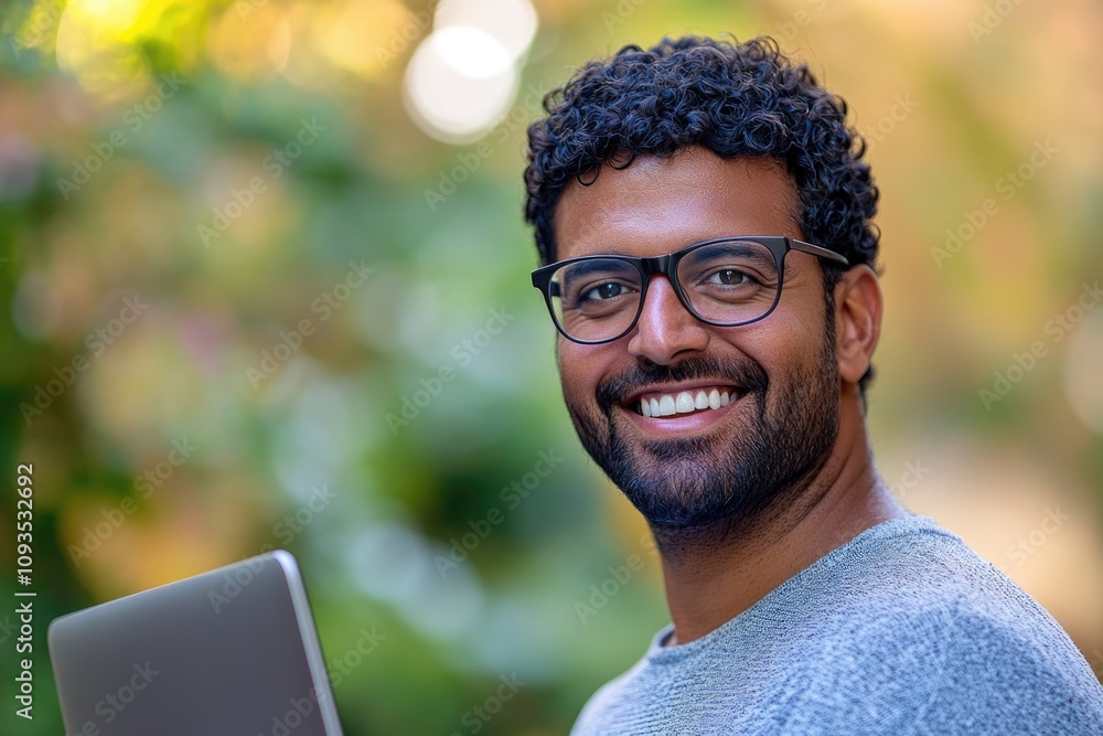 Poster A person smiling while using a laptop in a casual setting
