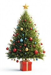 Beautifully decorated christmas tree with colorful ornaments, a golden star on top, and a wrapped gift underneath, set against a clean white backdrop, evoking the festive spirit of christmas.