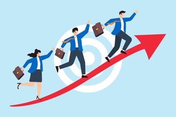 Fototapeta premium Flat illustration of business people coworker walk up on arrow path to reach target teamwork and achievement