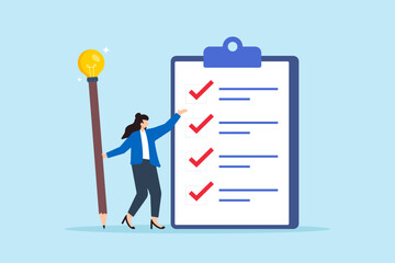 Flat illustration of businesswoman complete survey with lightbulb pencil filling questionnaire on clipboard