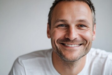 Obraz premium A happy man smiling in a white shirt, suitable for use in various social media posts, presentations or marketing materials