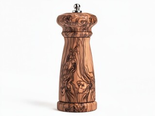 A stylish wooden pepper mill with a distinctive grain pattern, showcasing craftsmanship and elegance for culinary enthusiasts.