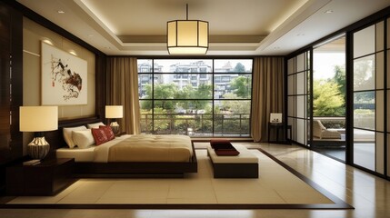 Luxurious modern bedroom with large windows, Asian-inspired decor, and a spacious layout.