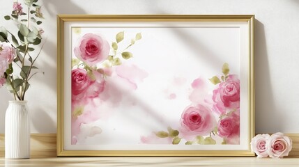 Watercolor Painting of Pink Roses in a Gold Frame