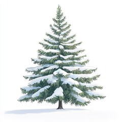 Fototapeta premium A snow-covered evergreen tree stands against a white background, showcasing its lush green branches and a thick layer of snow.