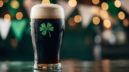 Traditional Irish dark beer with shamrock foam art for St Patrick's day celebration. Festive dark stout beer glass on bar counter with bokeh lights and party decorations - Powered by Adobe