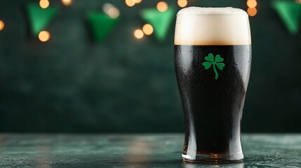 Dark irish stout beer with shamrock in tall glass on green background with bokeh lights. St Patrick's day celebration drink. Traditional irish beverage with foam and copy space