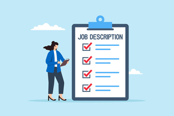 Flat illustration of employer write job description document on clipboard responsibility and qualification for employment