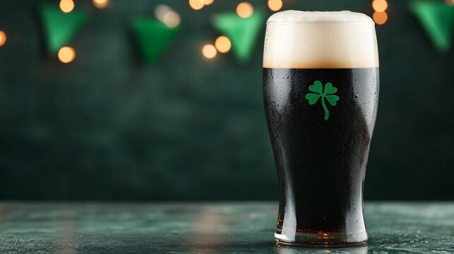 Dark irish stout beer with shamrock in tall glass on green background with bokeh lights. St Patrick's day celebration drink. Traditional irish beverage with foam and copy space