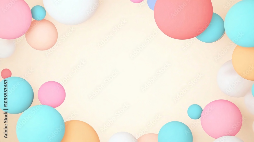 Poster pastel colored floating spheres frame on beige background. round geometric shapes in pink, blue, pea