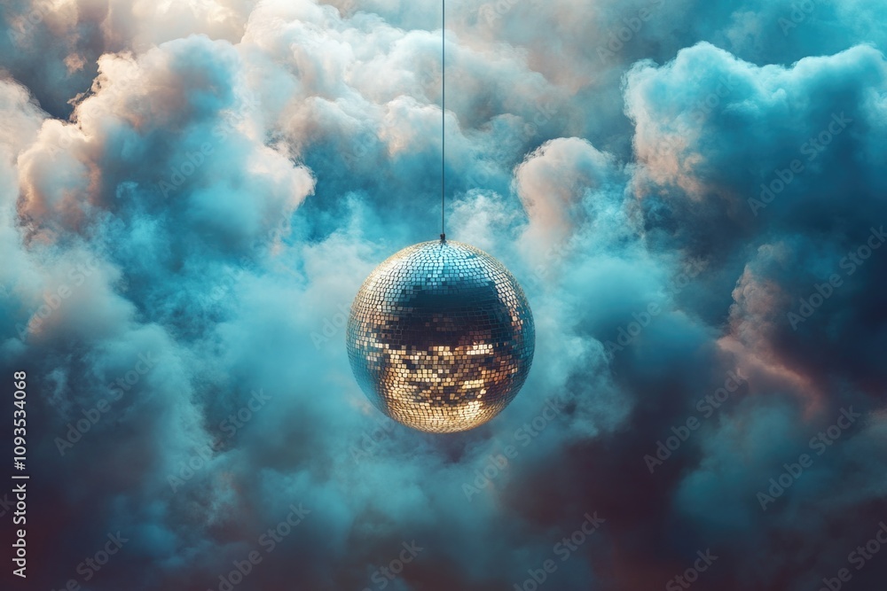 Poster a disco ball hangs from a rope in the clouds, perfect for use in futuristic or conceptual scenes