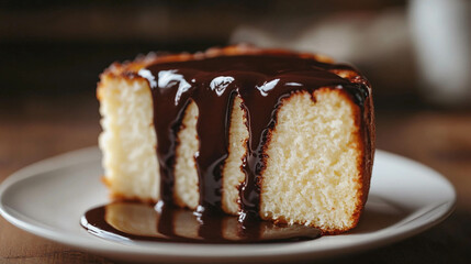 A slice of vanilla cake with melted chocolate sauce on a white plate close-up