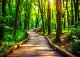 Fototapeta premium Serene Wooden Path Through Lush Green Woods Captured with Tilt-Shift Photography for a Unique Perspective of Nature's Beauty and Tranquility in the Heart of the Forest
