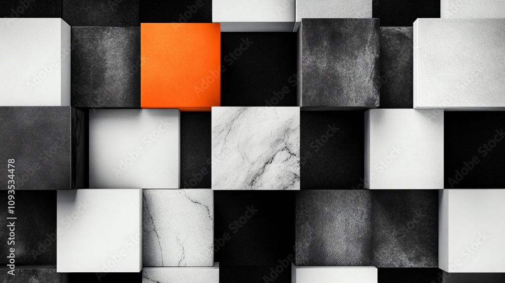Poster modern geometric pattern with black, white and orange squares. abstract 3d checkerboard with marble 