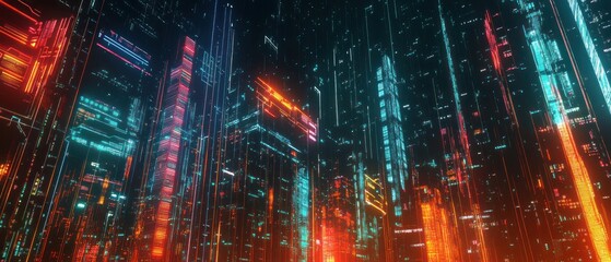 Obraz premium A vibrant, futuristic cityscape illuminated by neon lights and digital elements.