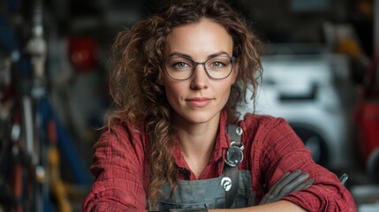 Fototapeta premium A woman wearing glasses and a red shirt, smiling confidently at the camera while in a workshop setting, embodying professionalism and focus.
