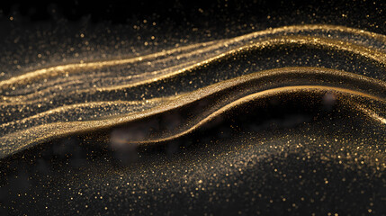 A closeup of a black surface with a wave of gold dust shimmering and creating a bokeh effect. Shimmering Gold Dust. Illustration