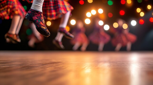 Traditional Scottish dancers performing highland dance on wooden floor with colorful lights background. Folk entertainment and cultural performance for events and festivals
