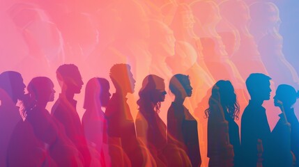 Naklejka premium A vibrant kaleidoscope of culturally diverse silhouettes standing together, representing DIVERSITY EQUITY and INCLUSION The silhouettes