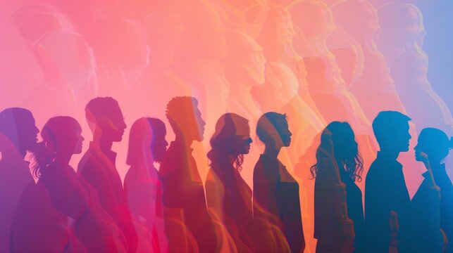 A vibrant kaleidoscope of culturally diverse silhouettes standing together, representing DIVERSITY EQUITY and INCLUSION The silhouettes