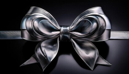 Elegant Metallic Silver Ribbon Bow on Black Background. Stunning Representation of Luxury, Modern Design, and Holiday Gift Wrapping Aesthetics for Branding, Festive Packaging, and Decor Concepts