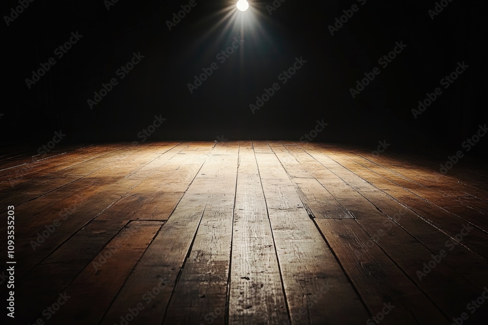 Poster A dark room with a single light source illuminating the floor, ideal for scenes where someone is searching or finding something