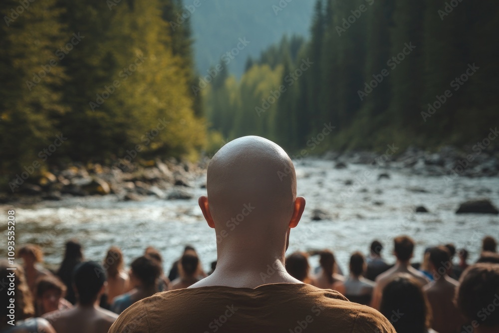 Poster a bald man standing confidently in front of a crowd, ready to share his message